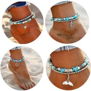 4 Blue Turtle Anklets for Women Multilayer Beads Handmade Beach Ankle